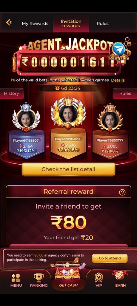 IN7 Game agent jackpot and referral rewards screen with player rankings