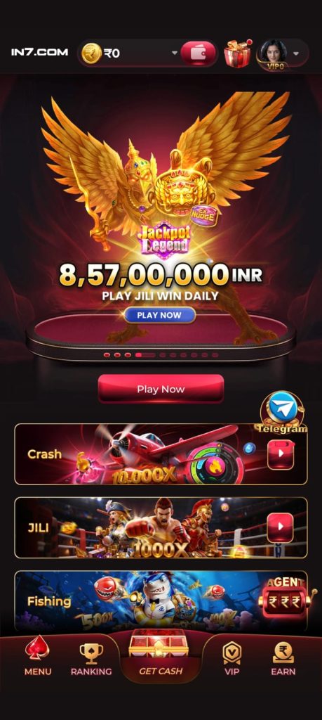 IN7 Game jackpot gaming interface with gold-themed graphics and mobile controls